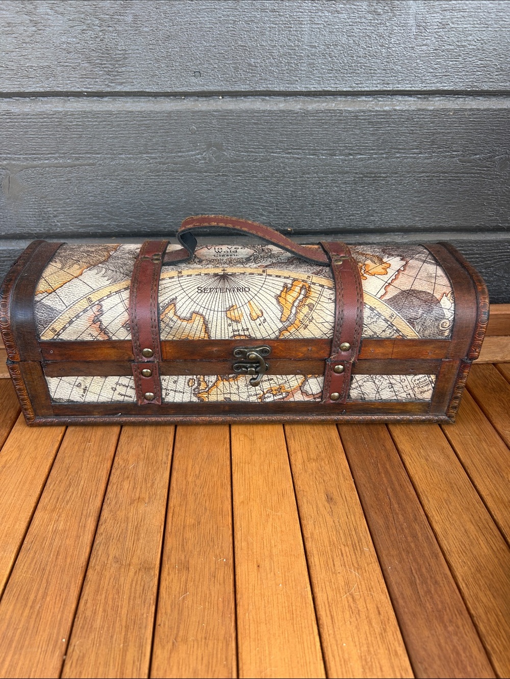 Vintage Map Print Wooden Wine Case Trinket Chest with Leather Straps